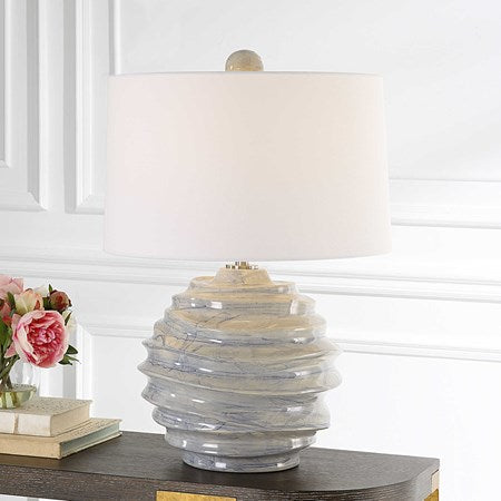 Uttermost Waves Blue and White Ceramic Accent Lamp With White Shade - Image 3