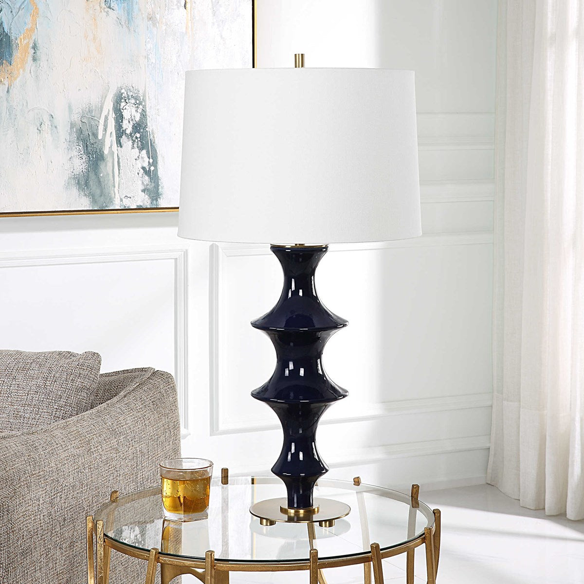 Uttermost Coil Cobalt Glazed Ceramic Table Lamp With White Linen Shade - Image 3