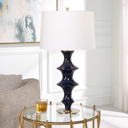 Uttermost Coil Cobalt Glazed Ceramic Table Lamp With White Linen Shade - Image 1