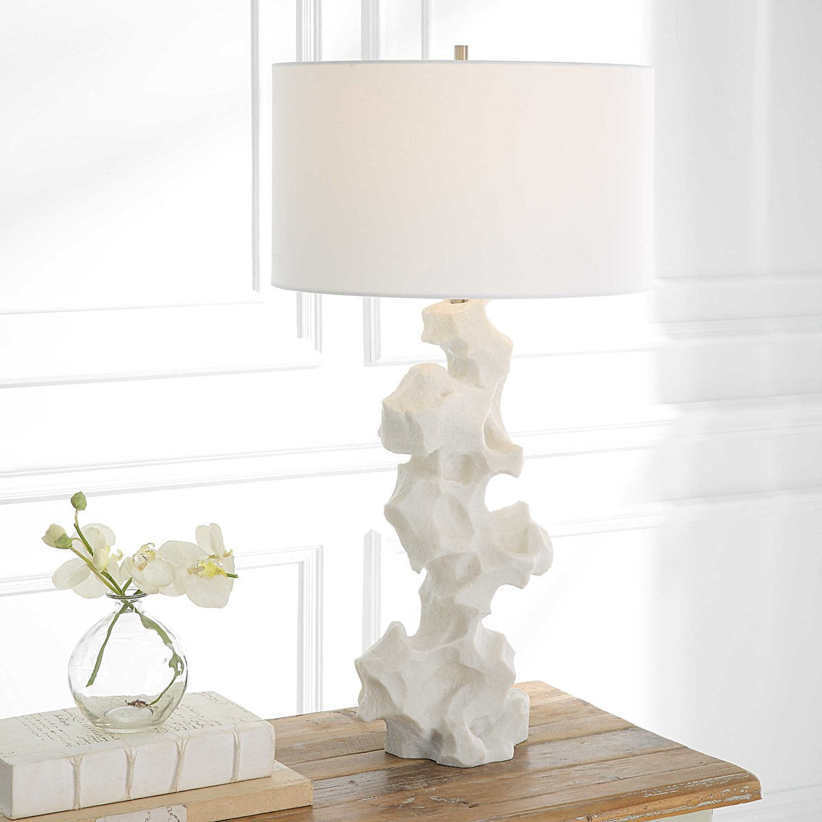 Uttermost Remnant White Stone Table Lamp With Linen Shade - Image 3