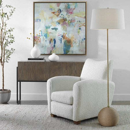 Uttermost Captiva Antiqued Brass Iron and Rattan Floor Lamp, Brass With White Linen Shade - Image 1