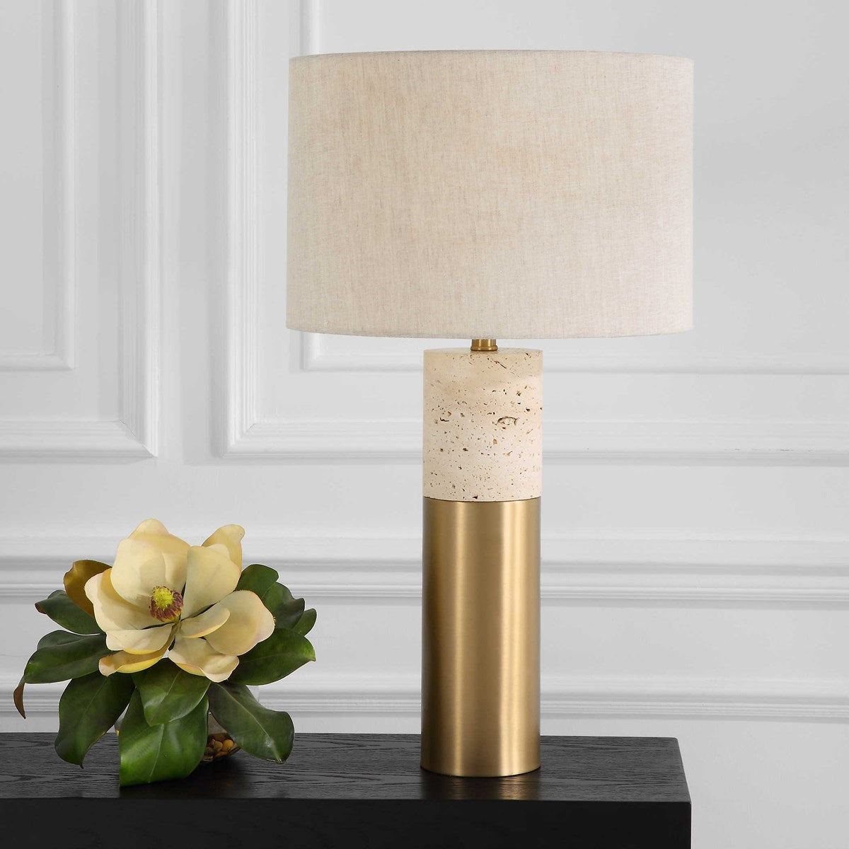 Uttermost Gravitas Ivory Stone and Brushed Brass Table Lamp With Beige Linen Shade - Image 1