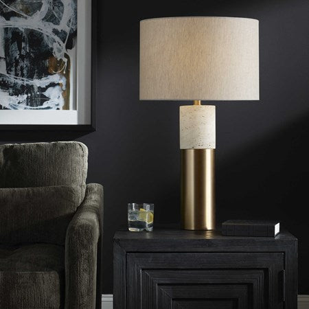 Uttermost Gravitas Ivory Stone and Brushed Brass Table Lamp With Beige Linen Shade - Image 3