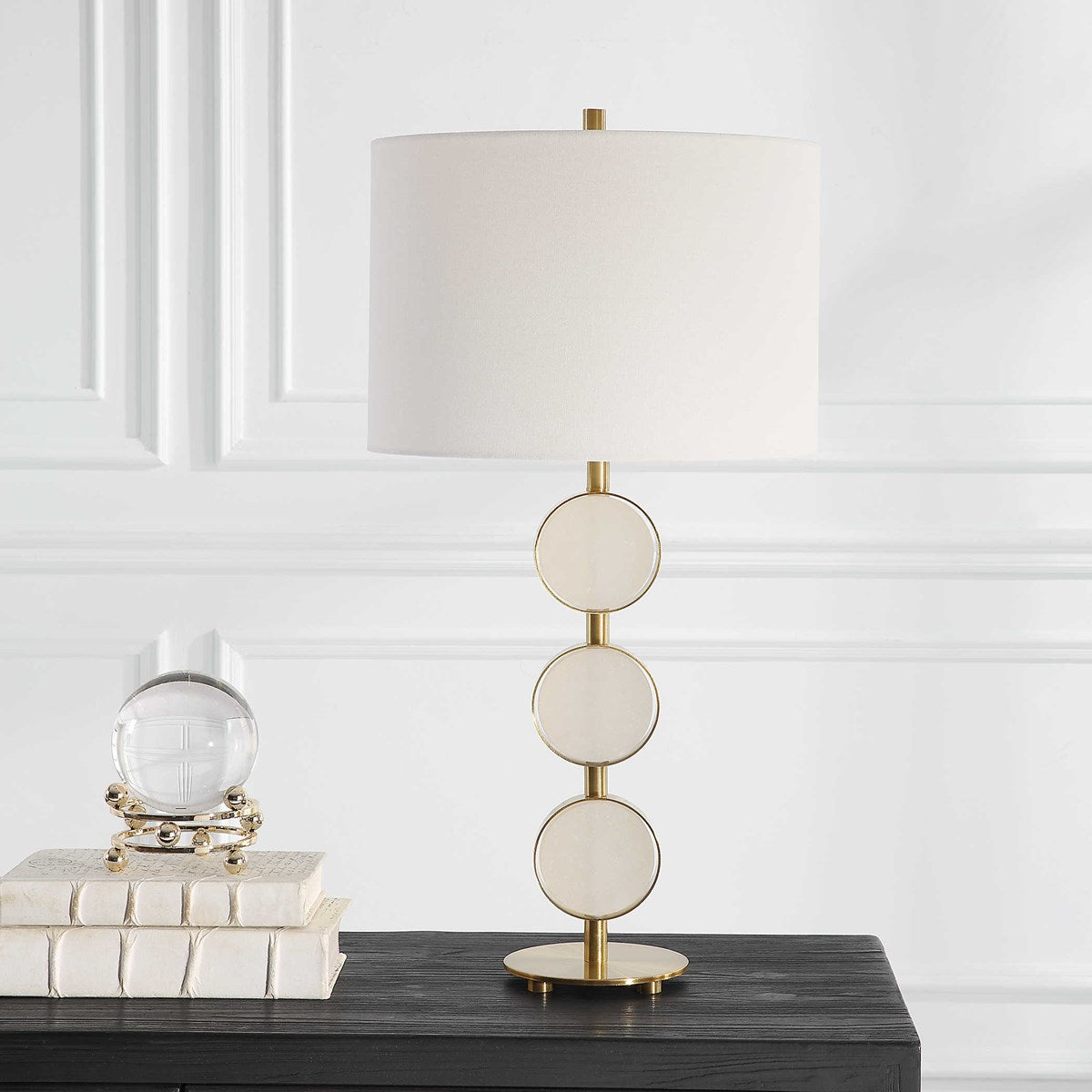 Uttermost Three Rings Alabaster Disk and Brushed Brass Table Lamp With White Linen Shade - Image 2