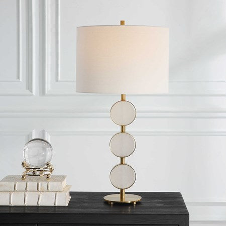 Uttermost Three Rings Alabaster Disk and Brushed Brass Table Lamp With White Linen Shade - Image 1