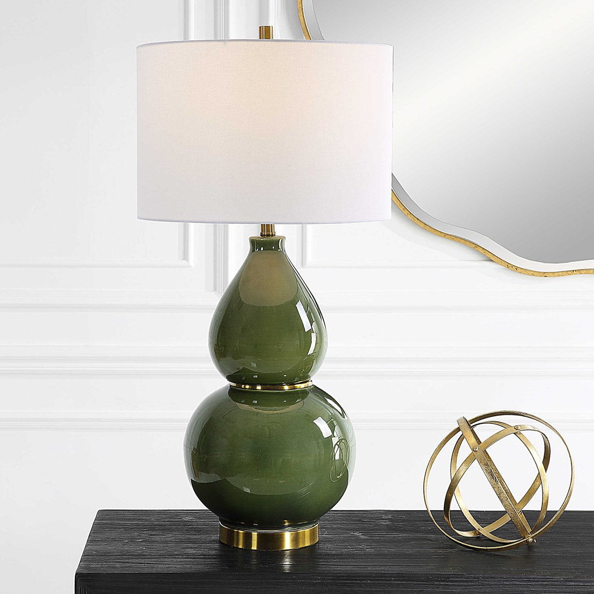 Uttermost Gourd Moss Green Ceramic Table Lamp With White Linen Shade - Image 2