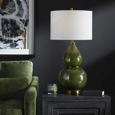 Uttermost Gourd Moss Green Ceramic Table Lamp With White Linen Shade - Image 1
