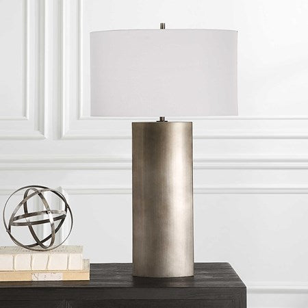 Uttermost V-Groove Dark Steel Gray Table Lamp With White Linen Shade - Image 1