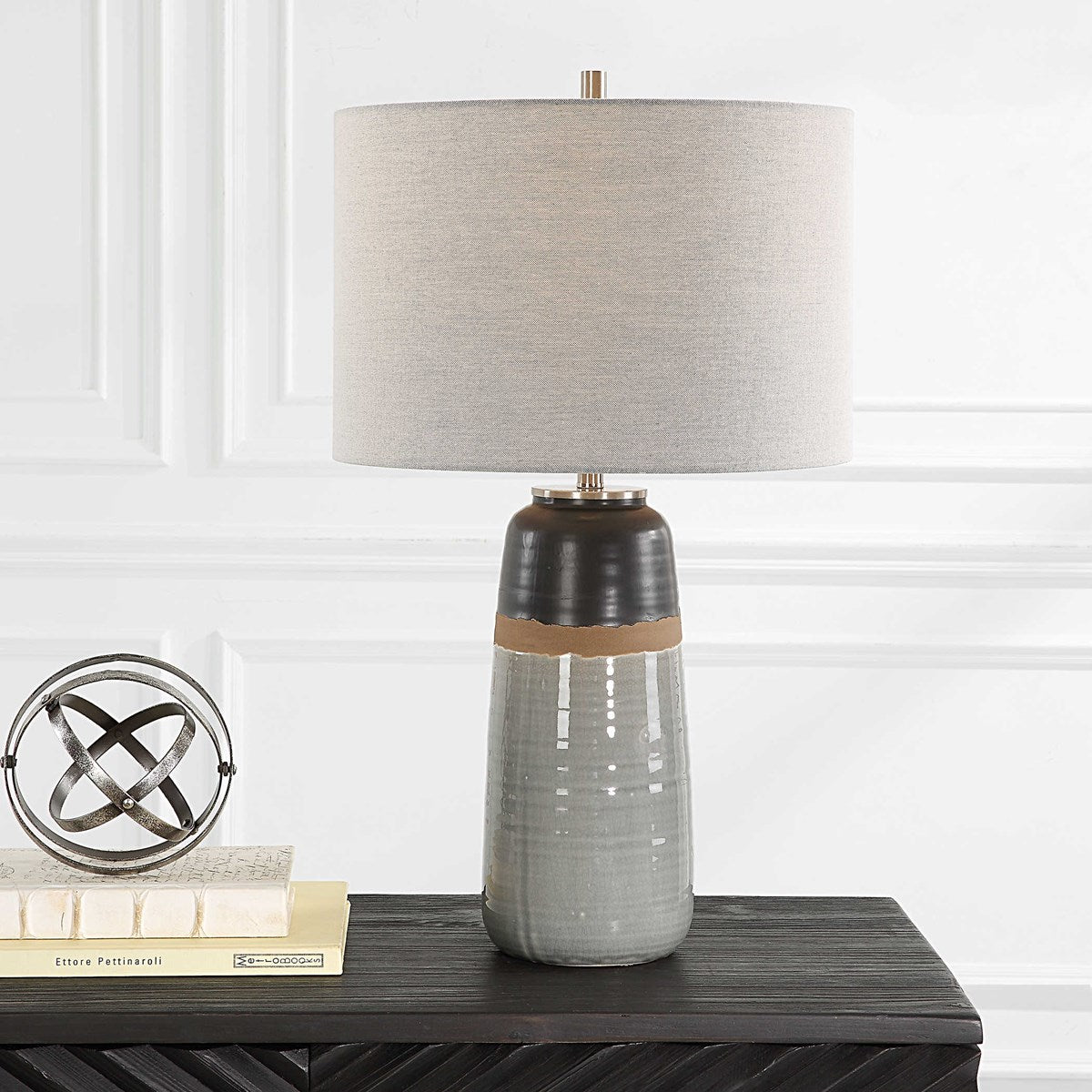 Uttermost Coen Gray and Aged Black Glazed Ceramic Table Lamp With Light Gray Linen Shade - Image 2