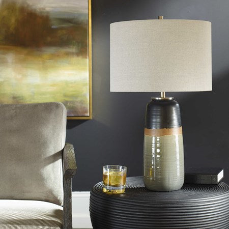 Uttermost Coen Gray and Aged Black Glazed Ceramic Table Lamp With Light Gray Linen Shade - Image 1