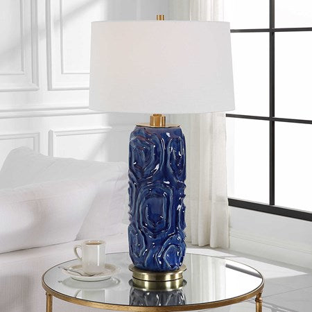Uttermost Zade Blue Glazed Ceramic Table Lamp With White Linen Shade - Image 1