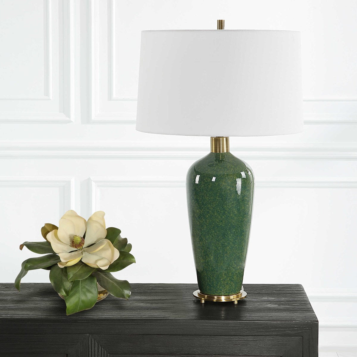 Uttermost Verdell Mossy Green Ceramic Table Lamp With White Linen Shade - Image 1
