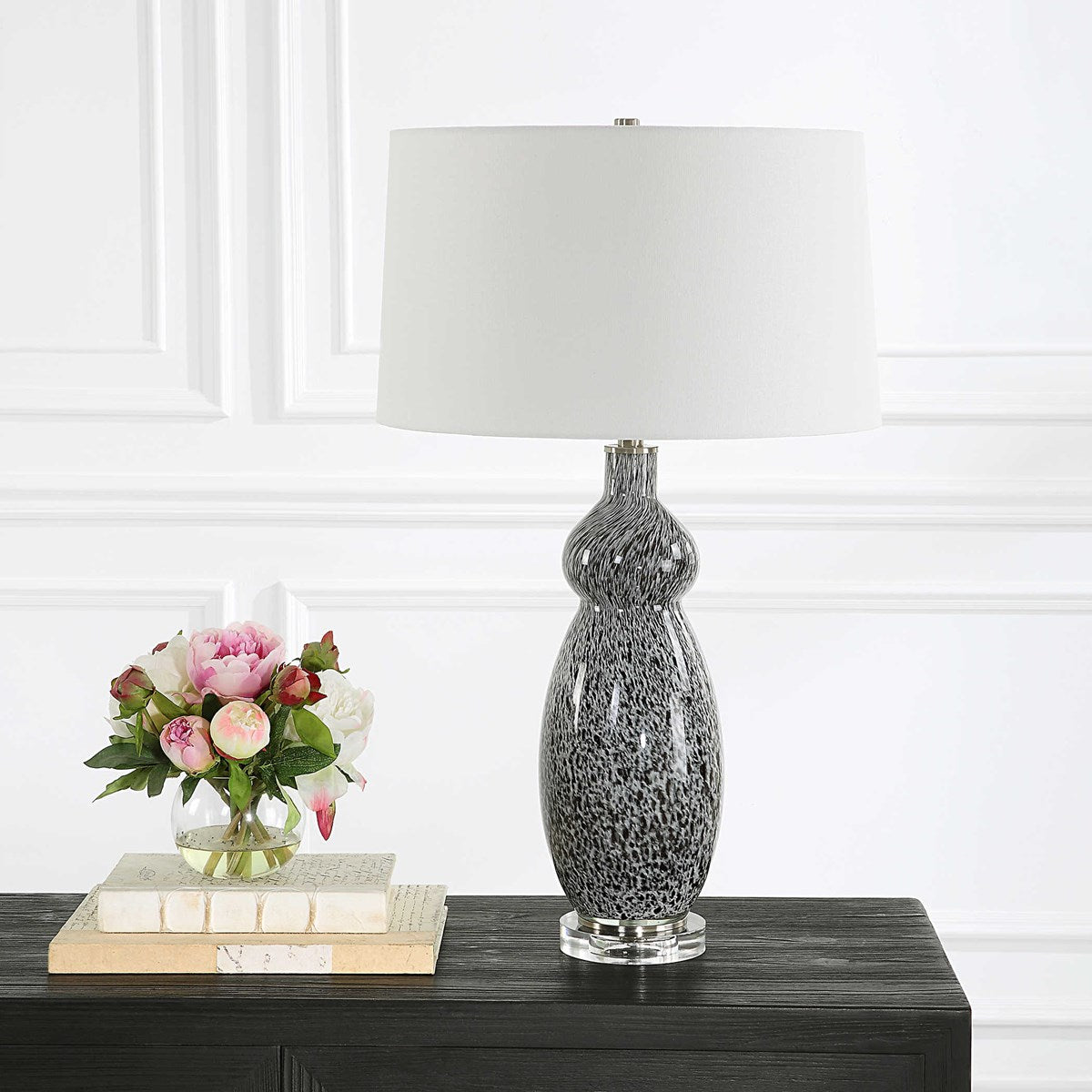 Uttermost Velino Gray and Black Mottled Glass Table Lamp With White Linen Shade - Image 1