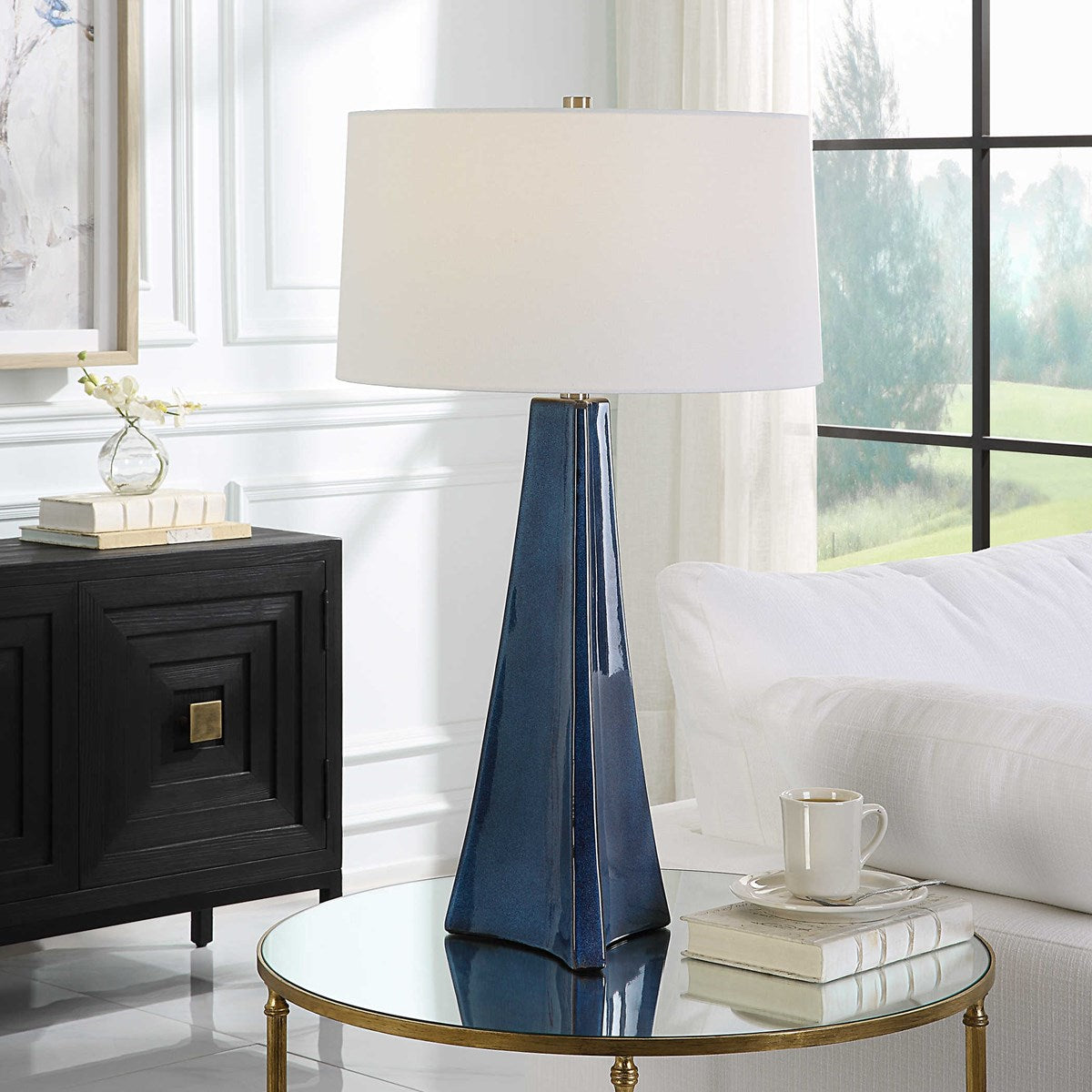 Uttermost Teramo Blue Ceramic Table Lamp With White Linen Shade - Image 3