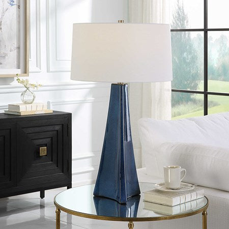 Uttermost Teramo Blue Ceramic Table Lamp With White Linen Shade - Image 1