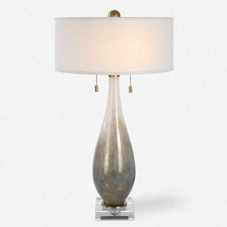 Uttermost Cardoni Gloss White and Smoked Bronze Glass Table Lamp With Linen Shade - Image 2