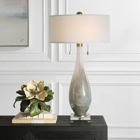Uttermost Cardoni Gloss White and Smoked Bronze Glass Table Lamp With Linen Shade - Image 1