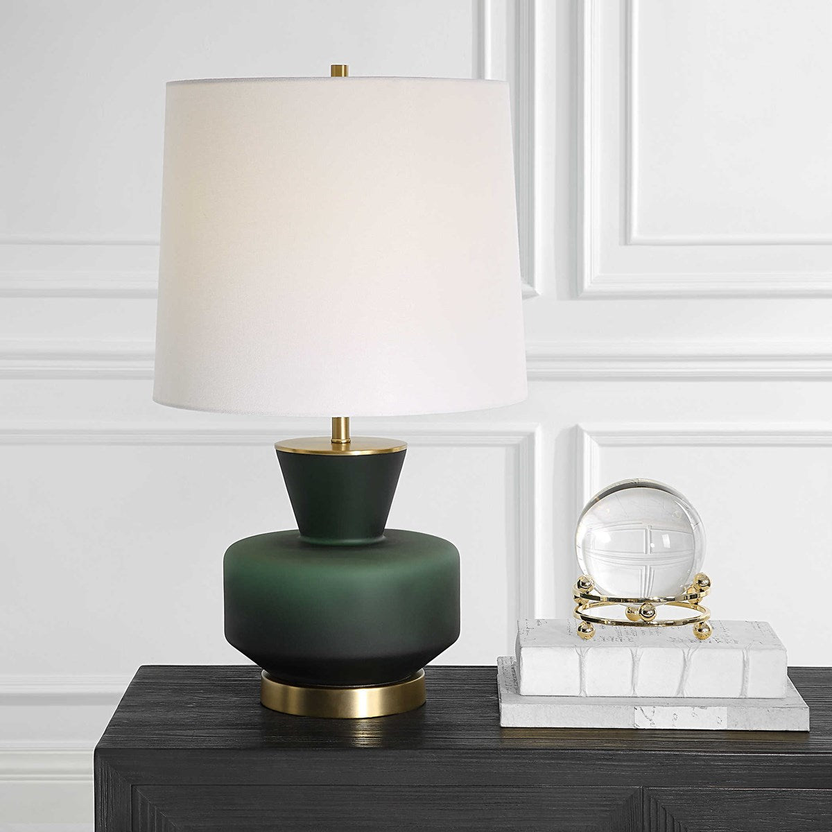 Uttermost Trentino Emerald Green Glass Table Lamp With White Linen Shade - Image 1