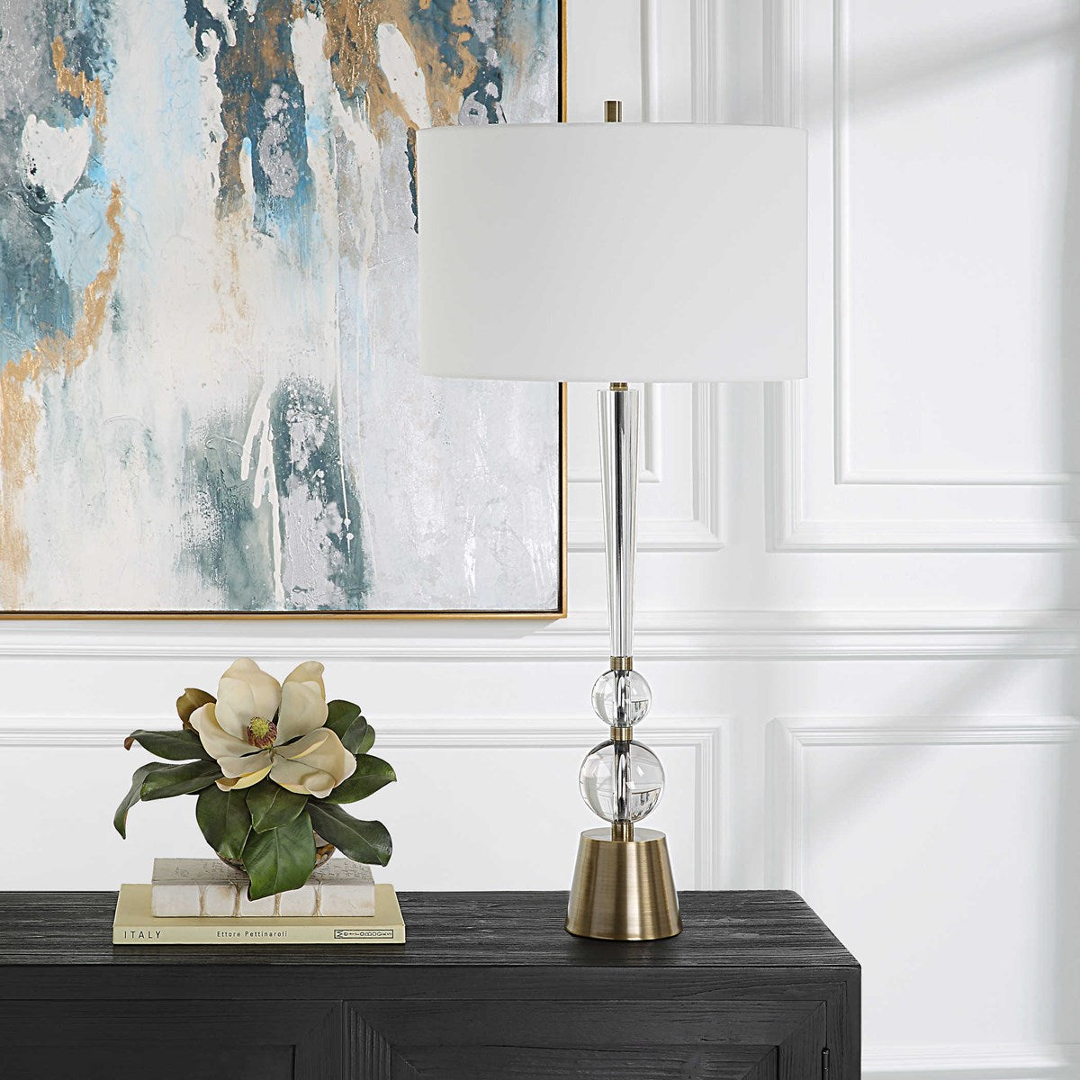 Uttermost Annily Crystal Column and Antiqued Brass Table Lamp With White Linen Round Drum Shade - Image 2