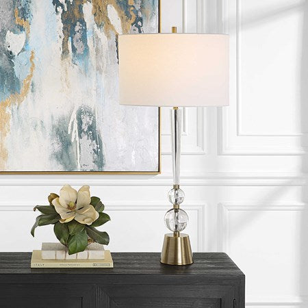 Uttermost Annily Crystal Column and Antiqued Brass Table Lamp With White Linen Round Drum Shade - Image 1