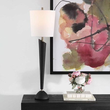 Uttermost Cypher Black Stone Modern Buffet Lamp With White Linen Shade - Image 1