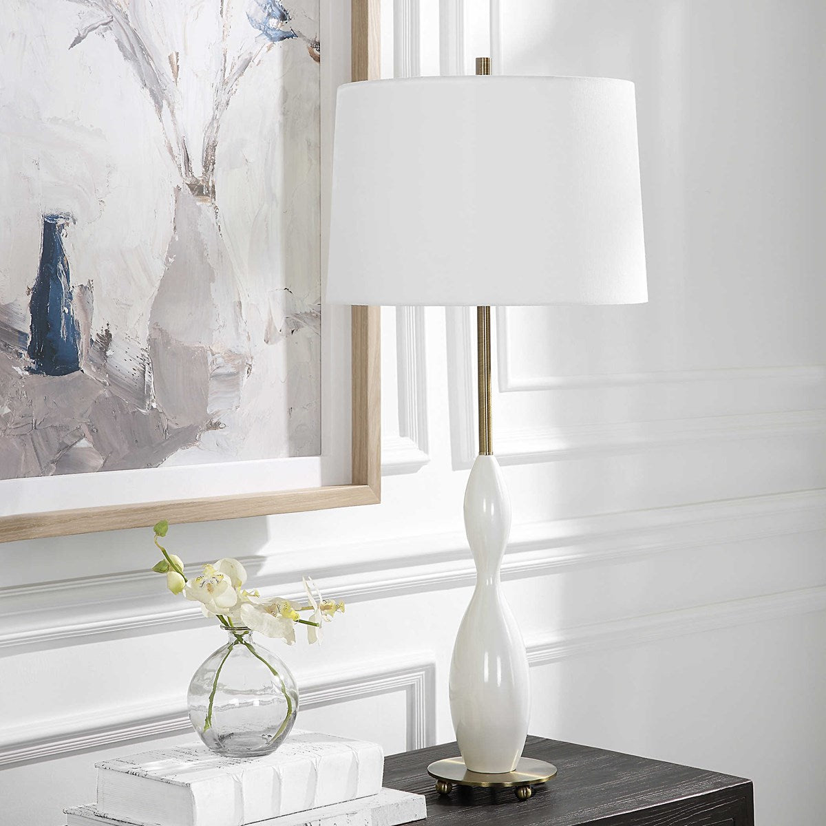 Uttermost Annora Glossy White and Antiqued Brass Table Lamp With Linen Shade - Image 1