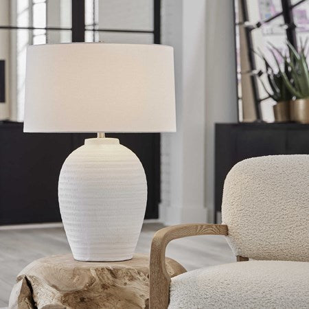 Uttermost Reyna Chalk White Glazed Ceramic Table Lamp With Linen Shade - Image 1
