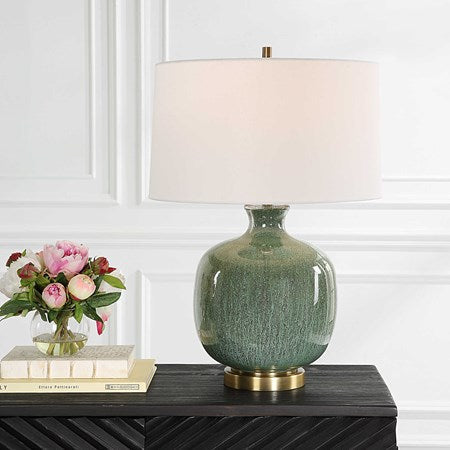 Uttermost Nataly Aged Green Glazed Ceramic Table Lamp With White Linen Shade - Image 1
