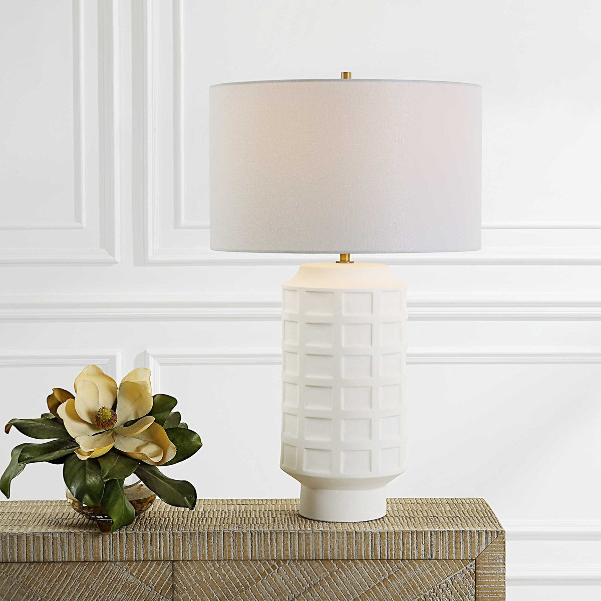 Uttermost Window Pane Chalk White Glaze Ceramic Table Lamp With Linen Shade - Image 3