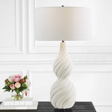 Uttermost Twisted Swirl Chalk White Glaze Textured Ceramic Table Lamp With Linen Shade - Image 1