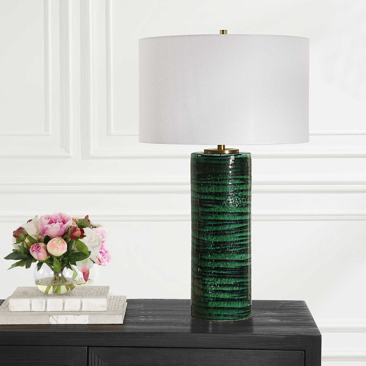 Uttermost Galeno Emerald Green Glazed Ceramic Table Lamp With White Linen Shade - Image 3