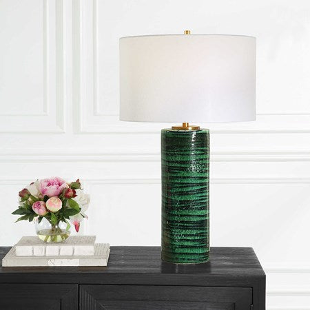 Uttermost Galeno Emerald Green Glazed Ceramic Table Lamp With White Linen Shade - Image 1