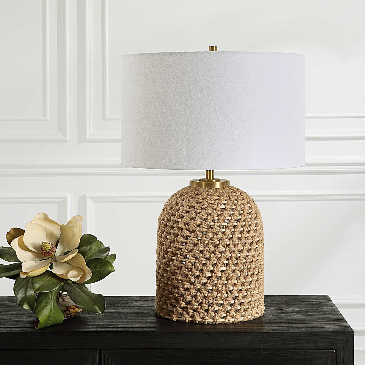 Uttermost Kendari Natural Knotted Rope Table Lamp With White Linen Shade - Image 1