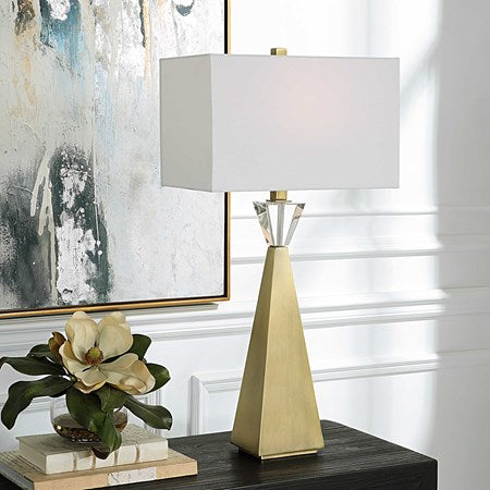 Uttermost Arete Antique Brass Iron Table Lamp With White Linen Shade - Image 1