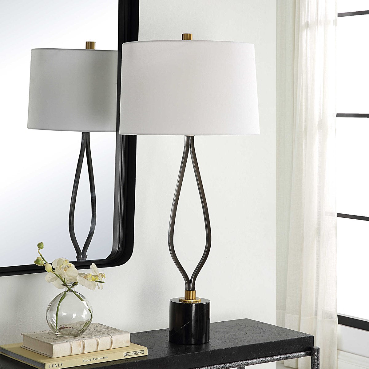 Uttermost Separate Paths Black and Marble Table Lamp With White Linen Shade - Image 1