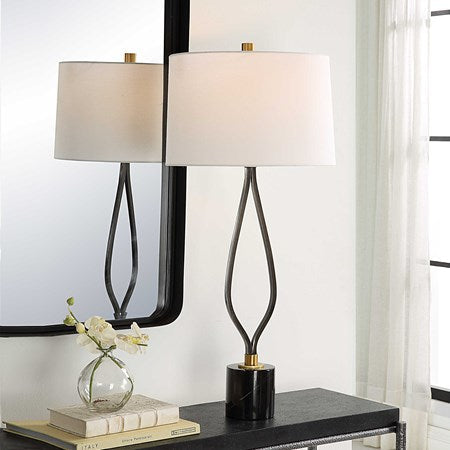 Uttermost Separate Paths Black and Marble Table Lamp With White Linen Shade - Image 3