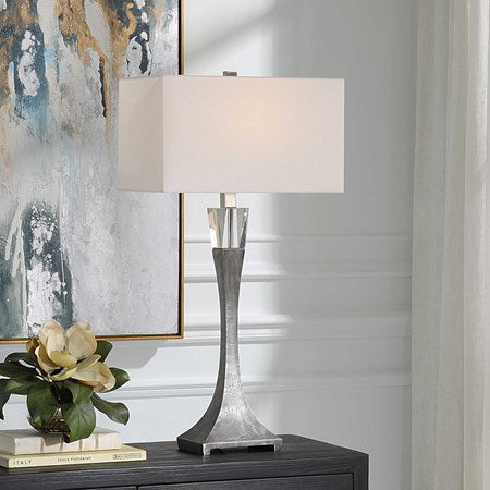 Uttermost Edison Aged Black Iron and Crystal Table Lamp With White Linen Shade - Image 1