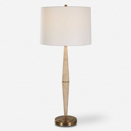 Uttermost Palu Beige Travertine Table Lamp With White Linen Shade - Image 2