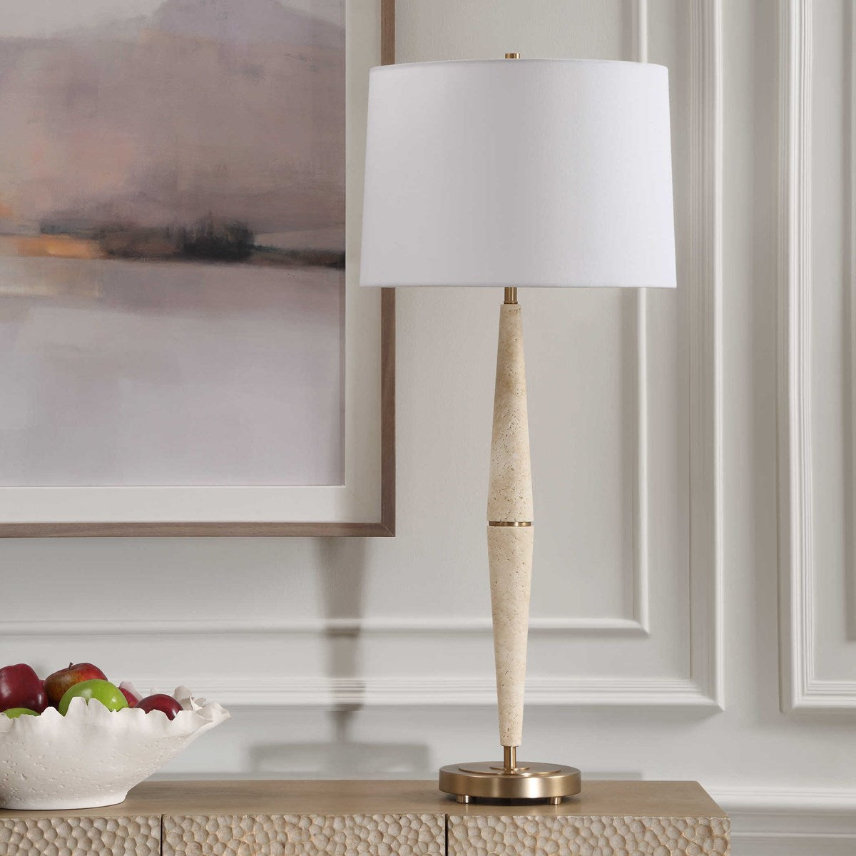Uttermost Palu Beige Travertine Table Lamp With White Linen Shade - Image 1