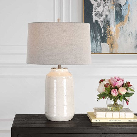 Uttermost Odawa Off-White Crackled Glazed Ceramic Table Lamp With Light Gray Linen Shade - Image 1