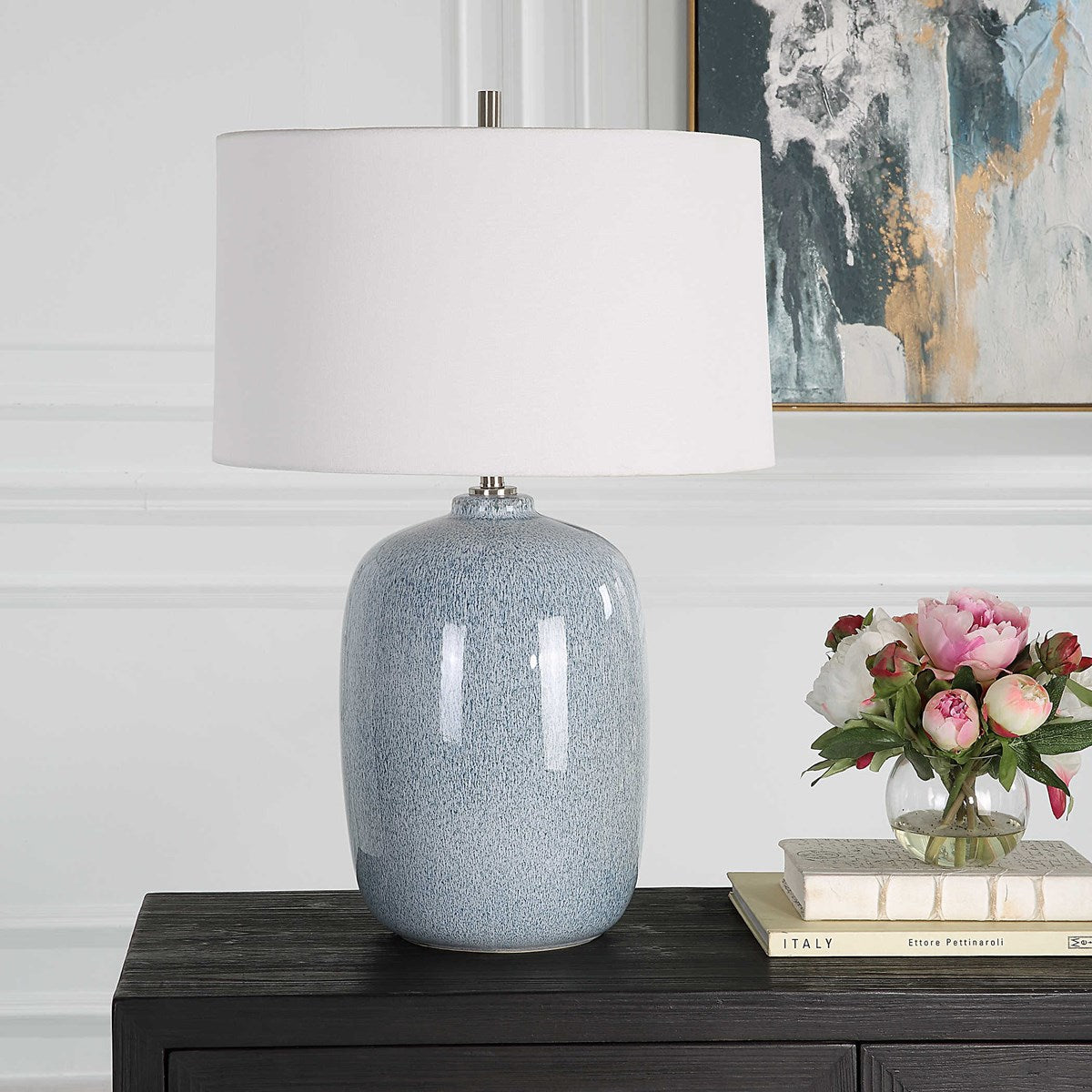 Uttermost Jubilee Sky Blue Glazed Ceramic Table Lamp With White Linen Shade - Image 1