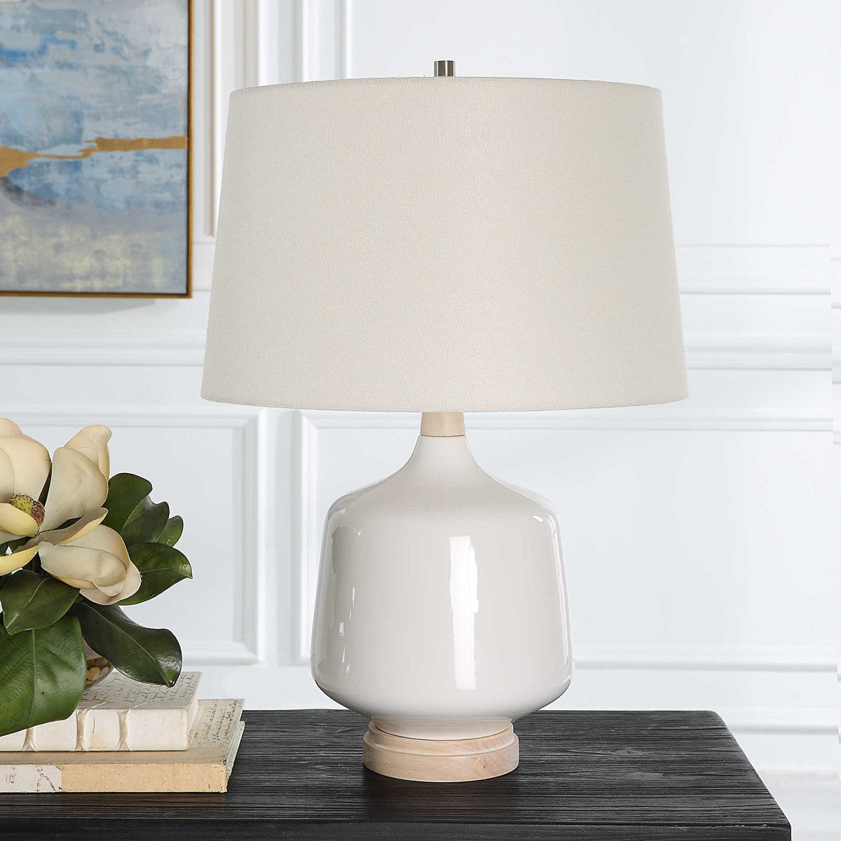 Uttermost Opal White Gloss Glazed Ceramic Table Lamp With Off-White Linen Shade - Image 1