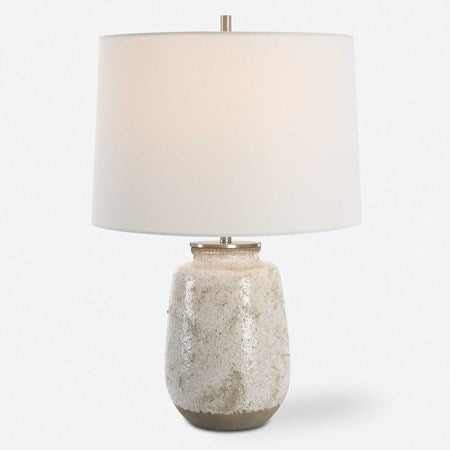 Uttermost Medan Taupe and Dove Gray Glazed Ceramic Table Lamp With White Linen Shade - Image 3