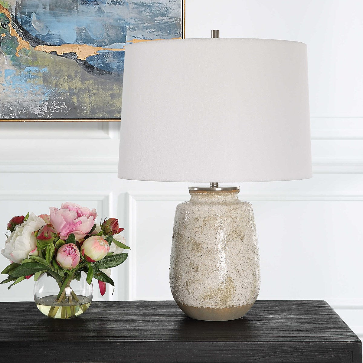 Uttermost Medan Taupe and Dove Gray Glazed Ceramic Table Lamp With White Linen Shade - Image 2