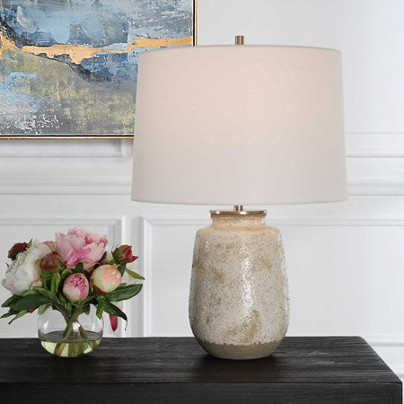 Uttermost Medan Taupe and Dove Gray Glazed Ceramic Table Lamp With White Linen Shade - Image 1