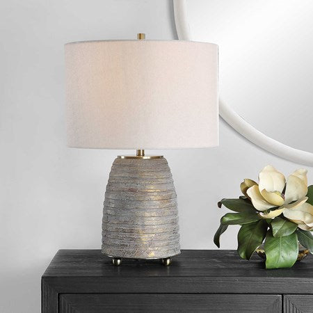 Uttermost Gorda Textured Bronze and Green Patina CeramicTable Lamp With Beige Linen Shade - Image 1