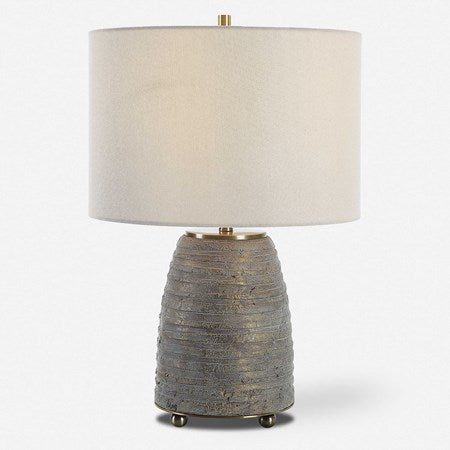 Uttermost Gorda Textured Bronze and Green Patina CeramicTable Lamp With Beige Linen Shade - Image 2