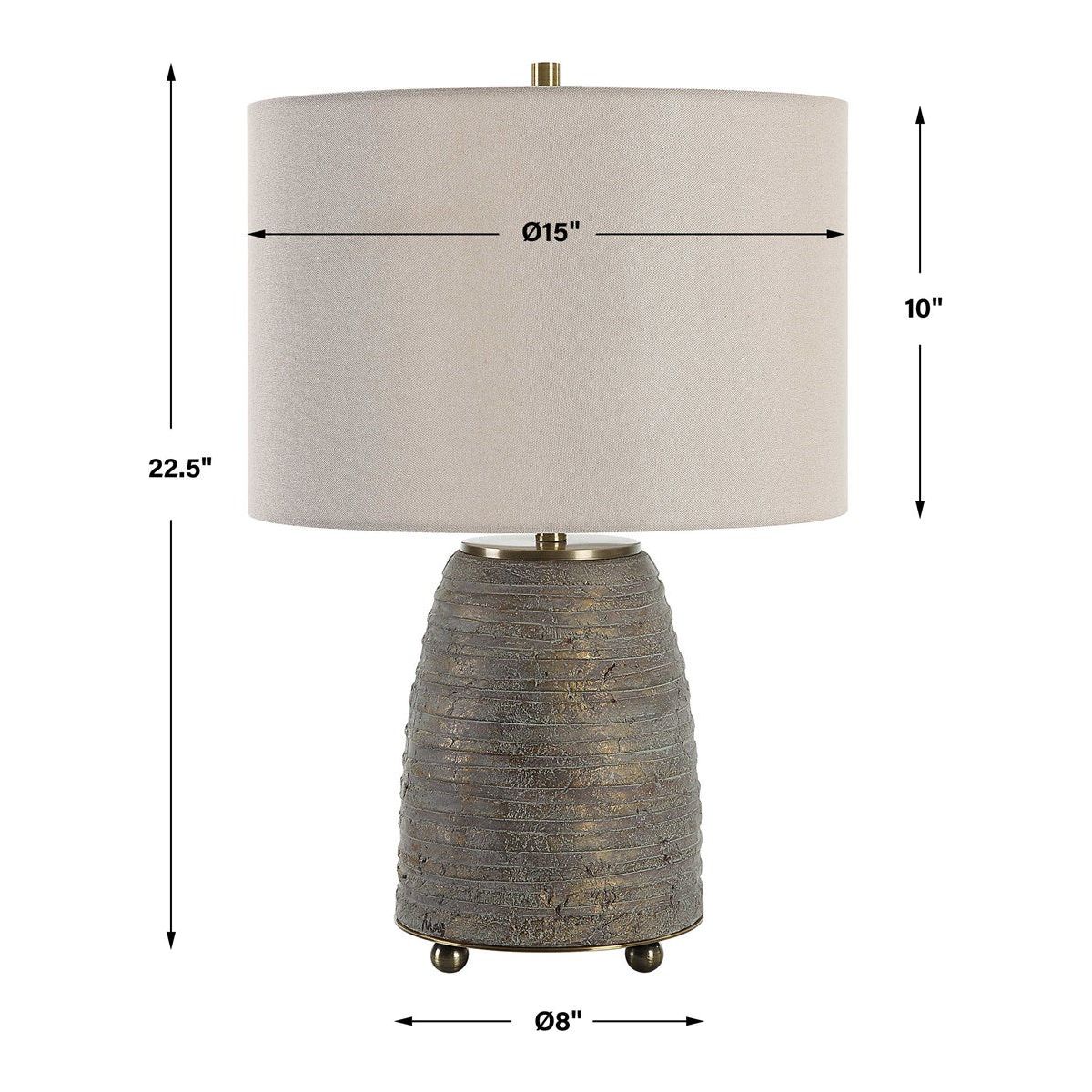 Uttermost Gorda Textured Bronze and Green Patina CeramicTable Lamp With Beige Linen Shade - Image 3