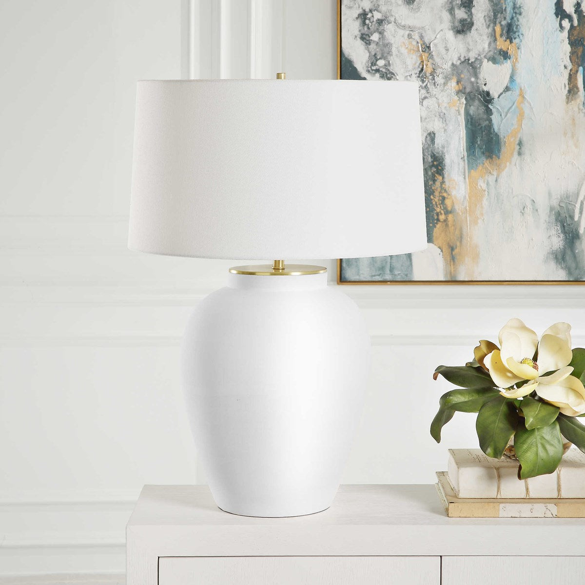 Uttermost Adelaide Chalk White Ceramic Table Lamp With Linen Shade - Image 1