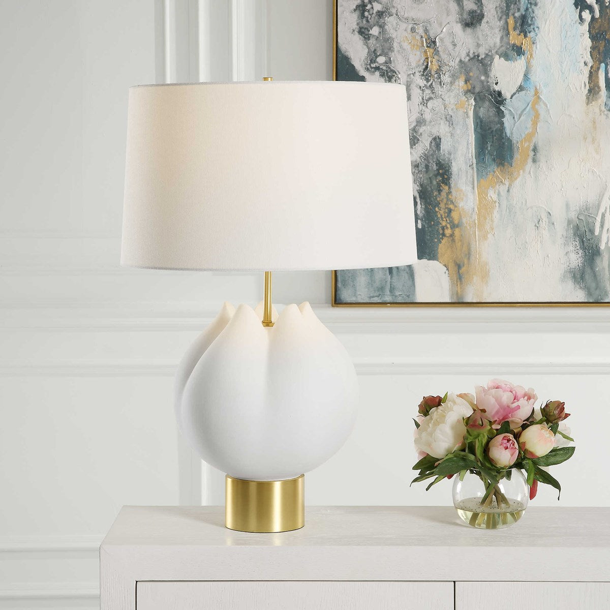Uttermost In Bloom Chalk White Glazed Porcelain Table Lamp With Linen Shade - Image 1
